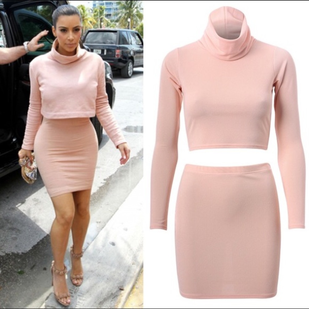 Kim Kardashian Miami South Beach Pink Blush Turtleneck Skirt Set